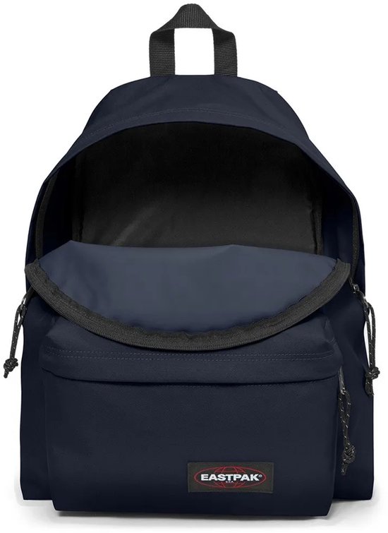 Donkerblauwe Eastpak rugzak met voorvak en open hoofdvak.