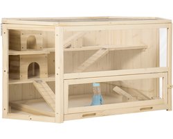 Hamsterkooi - Cavia kooi - Rattenkooi - Huisje - 2 Niveaus - Verwijderbare Lade - Met Voederstation - Zaag - Loopplank - Hutten - Hangbrug - Hout - 115L x 60B x 55H cm - Natuurhout
