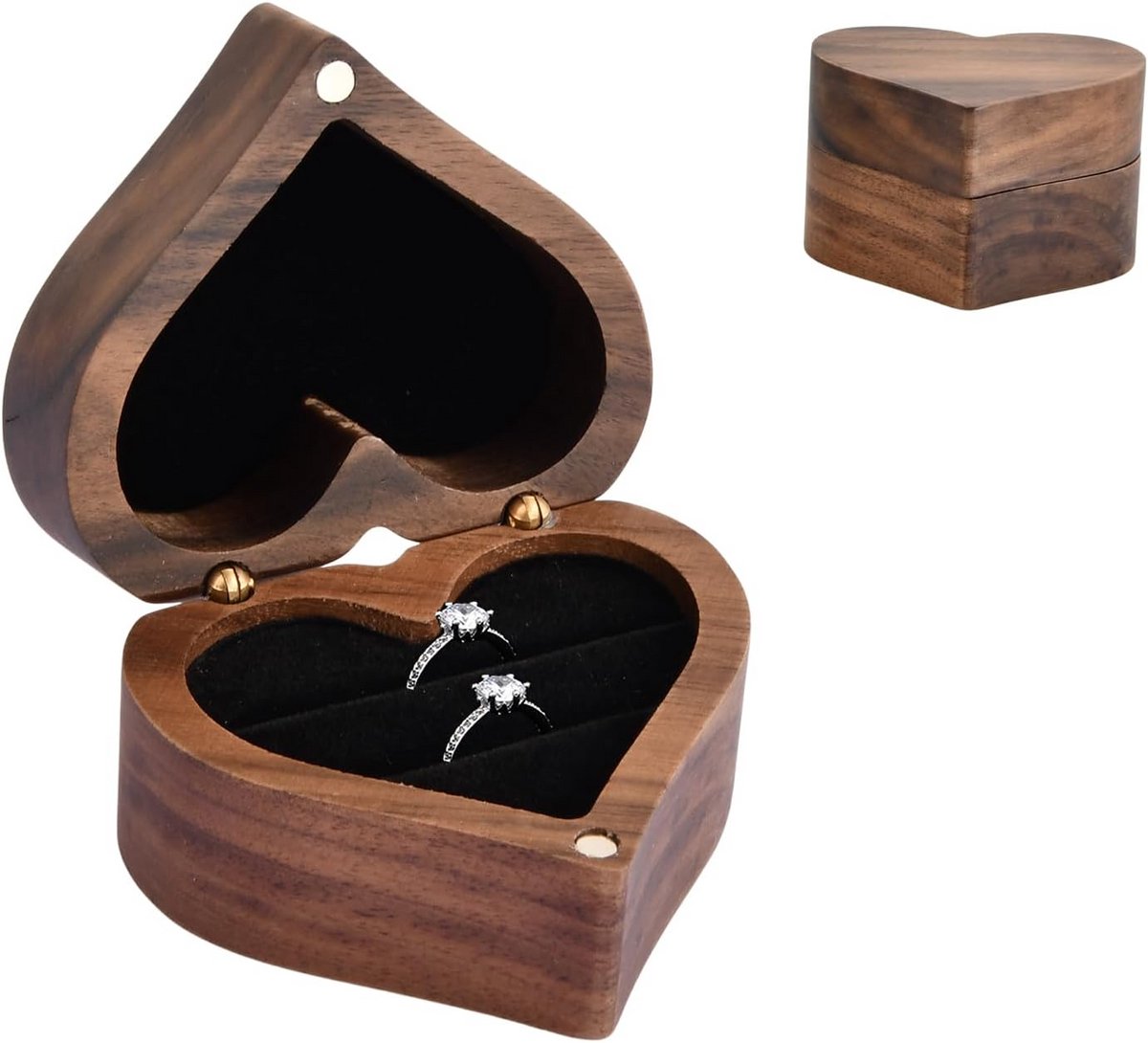 Hartvormige Ringendoos van Walnoot - Sieradenbox voor Bruiloft en Verloving