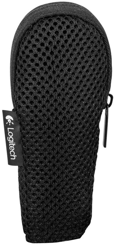 Zwart mesh beschermhoesje met Logitech-logo en rits.