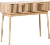 Lichthouten consoletafel met twee lades met verticale ribbelpatroon.