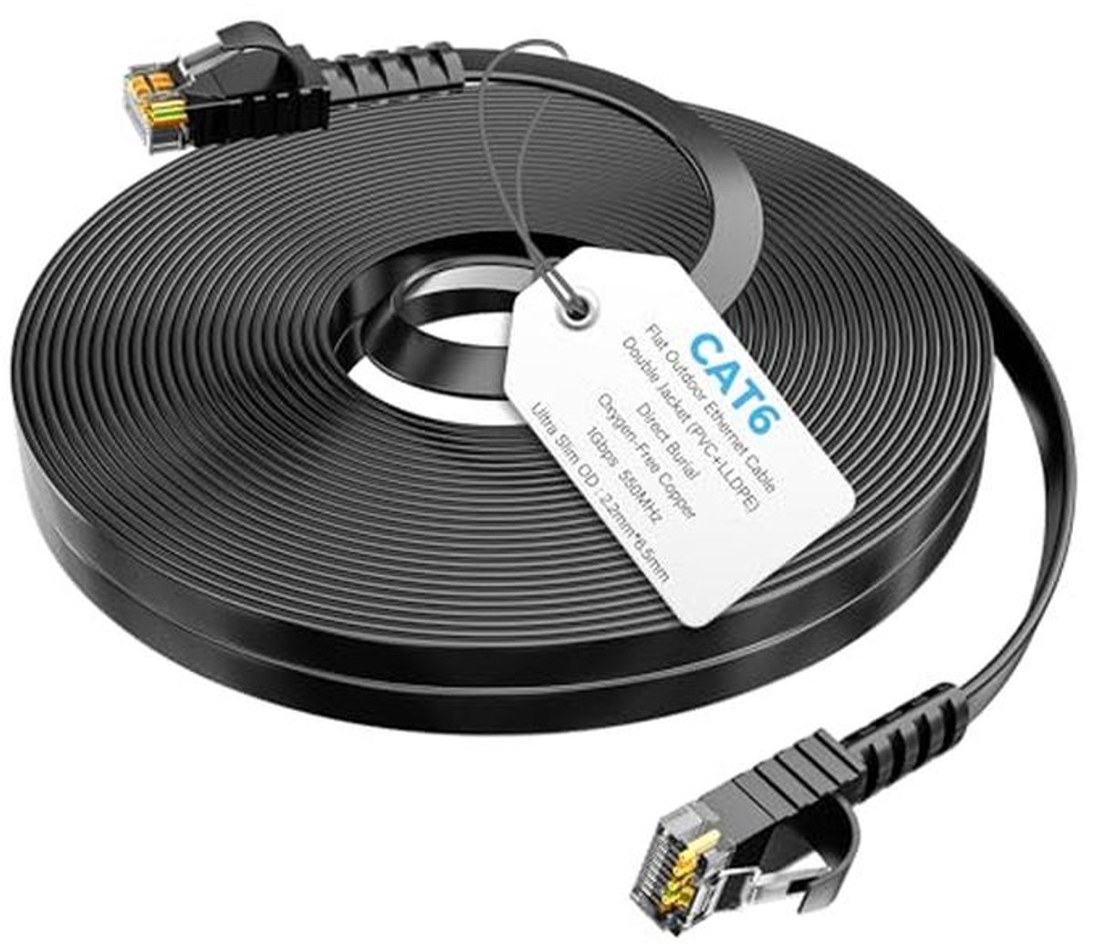 20 meter CAT6 platte netwerkkabel voor binnen en buiten - 1000 Mbit Gigabit LAN, robuust en weerbestendig