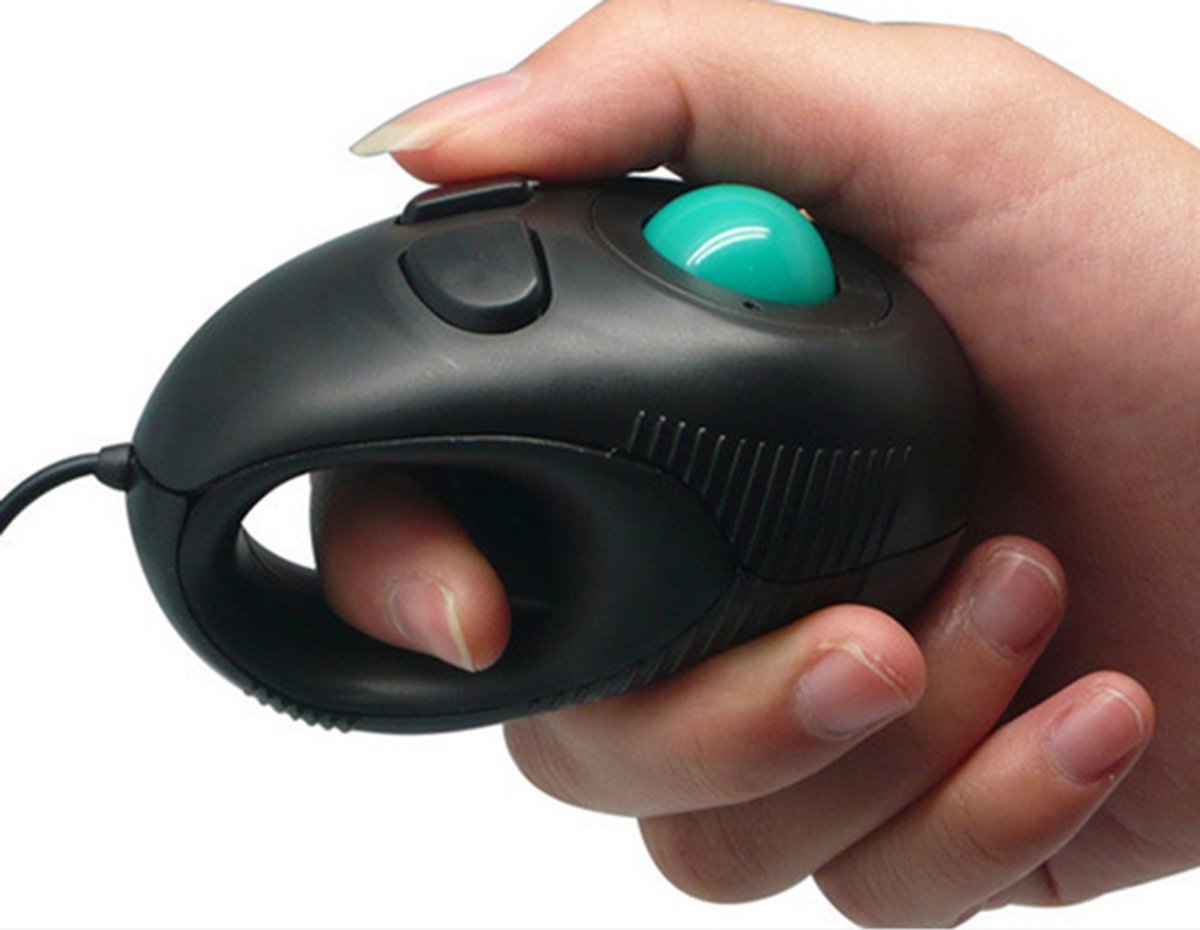 Ergonomische bedrade USB-muis met mini-trackball, zwart, nauwkeurig scrollen, geschikt voor laptops en desktops, comfortabel ontwerp voor zowel links- als rechtshandigen.
