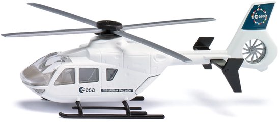 Witte helikopter met ESA-logo op de staart, beweegbare rotor en landingsgestel.