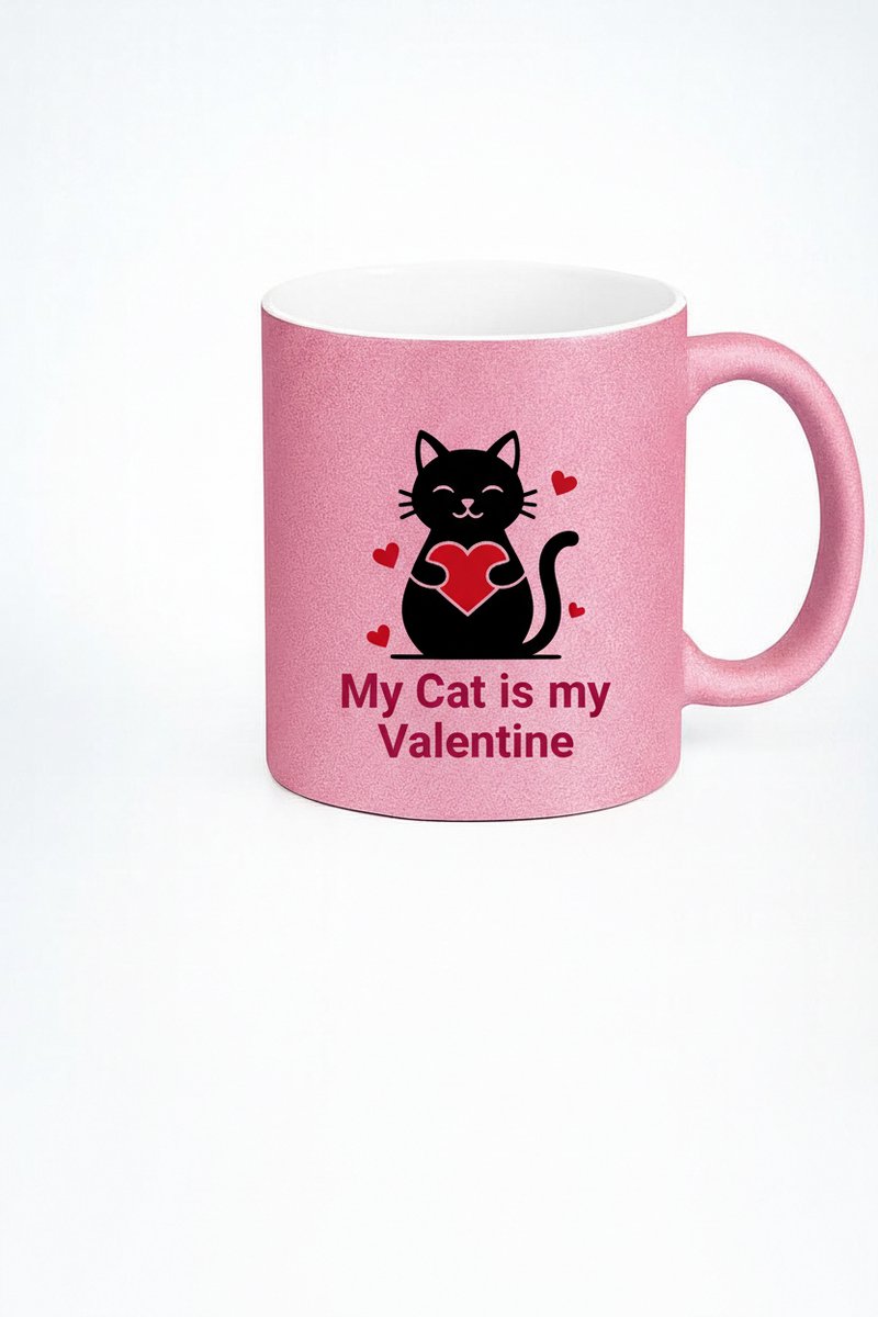 Roze Glitter Valentijn Mok 'My Cat is my Valentine' - Cadeau Kattenliefhebber