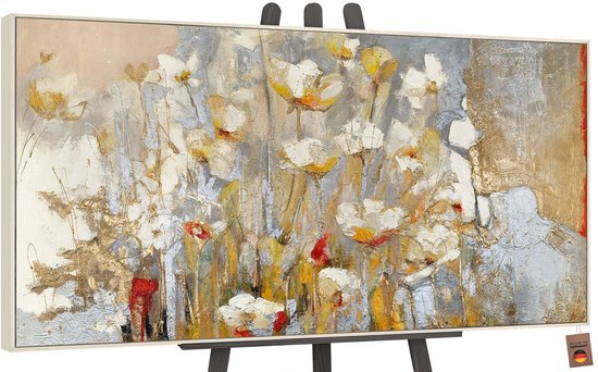 YS Schilderij - Handgeschilderd canvas schilderij - Wanddecoratie Bloemen - goud - Handgeschilderd - Muurdecoratie woonkamer - Slaapkamer decoratie - Kamer accessoires - schilderij canvas Bloemen veld - schilderijen op canvas Bloemen Beige 140x70