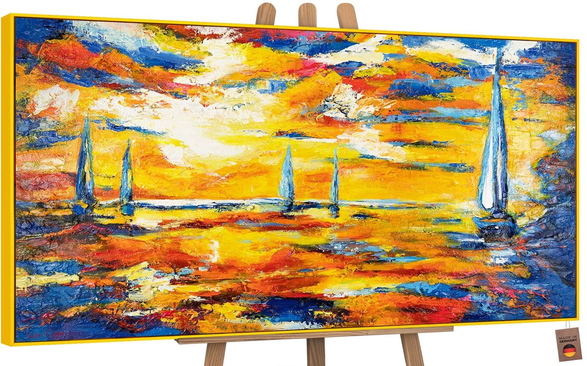 Canvas schilderij groot handgeschilderd zeespiegel maritiem mysterieus – YS-Art Gallery – Mysterieuze wanddecoratie voor woonkamer – Modern schilderij voor slaapkamer en hal geel