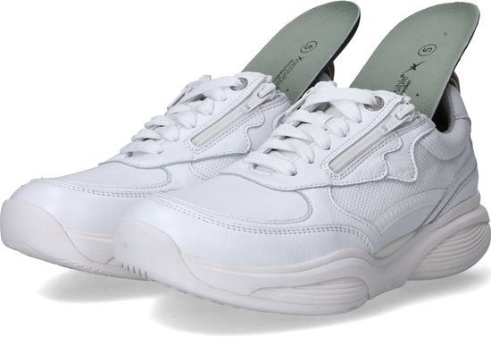 Sneakers blanches en cuir avec fermeture éclair, détails perforés et semelles intérieures Xsensible stretchwalker vert clair.