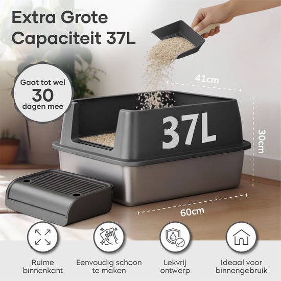 ADSafety Kattenbak RVS - Kattentoilet Roestvrijstaal - Incl. Kattenbakschep met Houder en Gritopvang Opstapje - 2 in 1 Open Kattenbak met Afneembare Deksel - 60x40x38cm - Donkergrijs