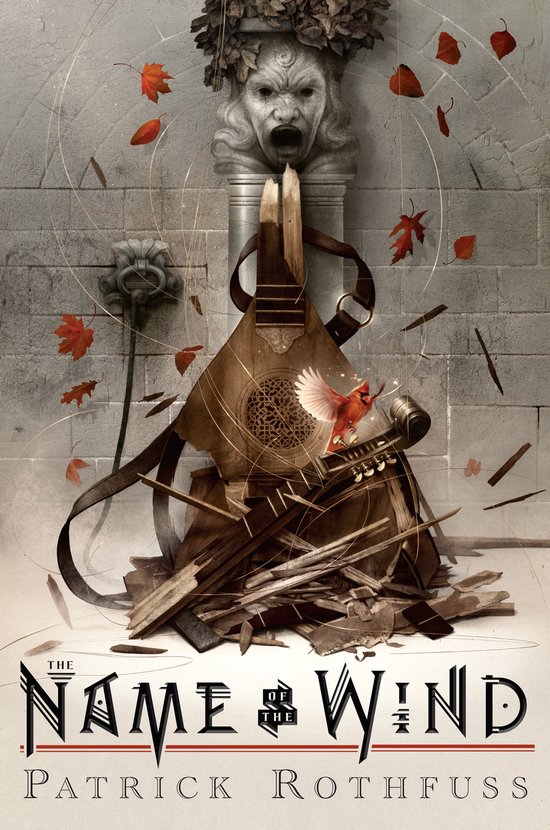 De cover van 'The Name of the Wind' toont een gebroken luit, rode bladeren en een kardinaal tegen een stenen muur.