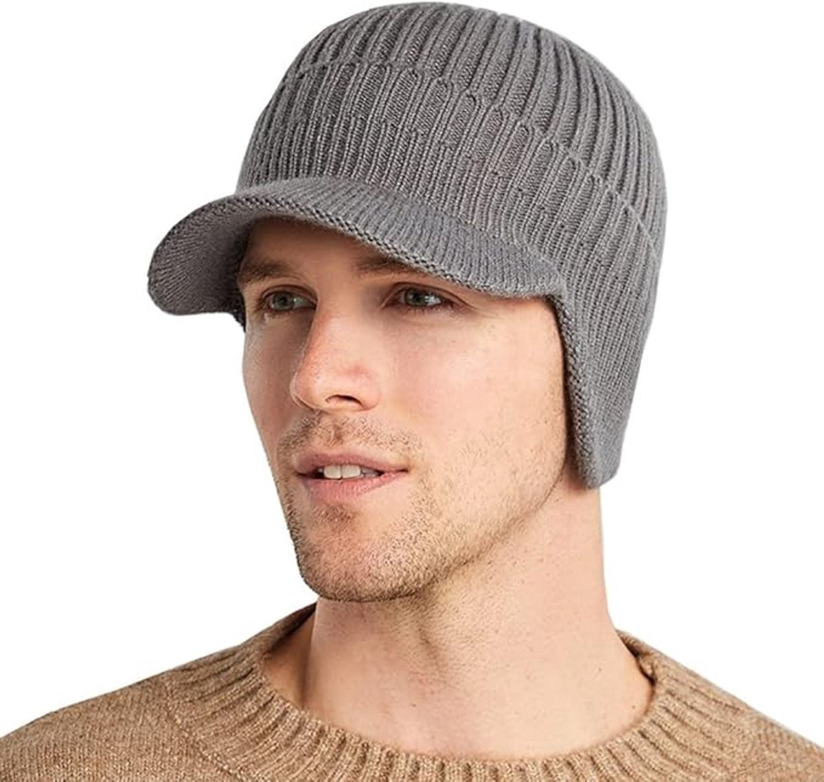 MDUG Gebreide muts voor herfst/winter - Grijs - One size (54-59 cm) - Unisex - Dikke fleecevoering - Winddicht en warm, oorklappen - Opvouwbare rand - Gebreide wollen muts met oorklappen