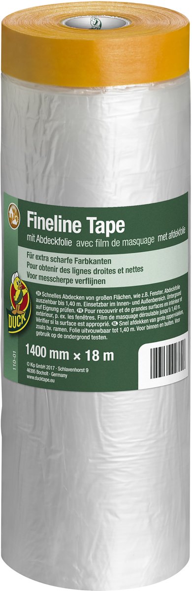Duck Fineline Tape/Afdekfolie - Afplaktape en Afdekfolie 2-in-1 - Voor Strakke Lijnen op Vensters en Meubels - 1400 mm x 18 m - Voor Binnen & Buiten - Goud/Transparant