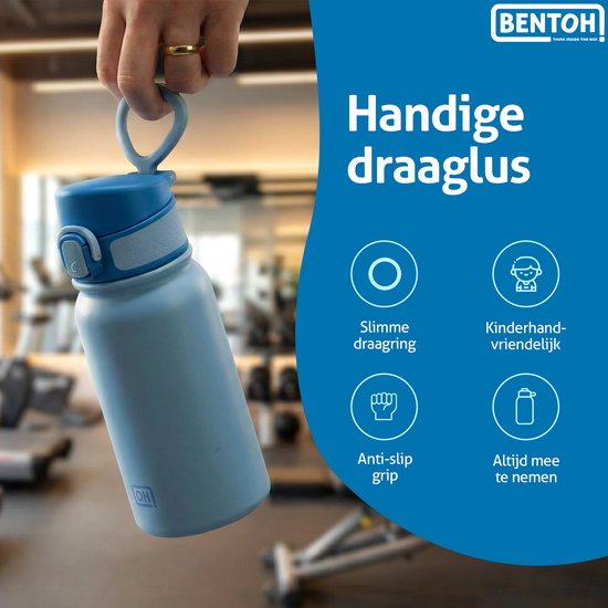 BentOH! RVS Waterfles 350ml Kinderen & Volwassenen - Blauw - Anti-overloop & Lekvrij – Met Eén Hand te Openen – BPA-vrij & Vaatwasserbestendig
