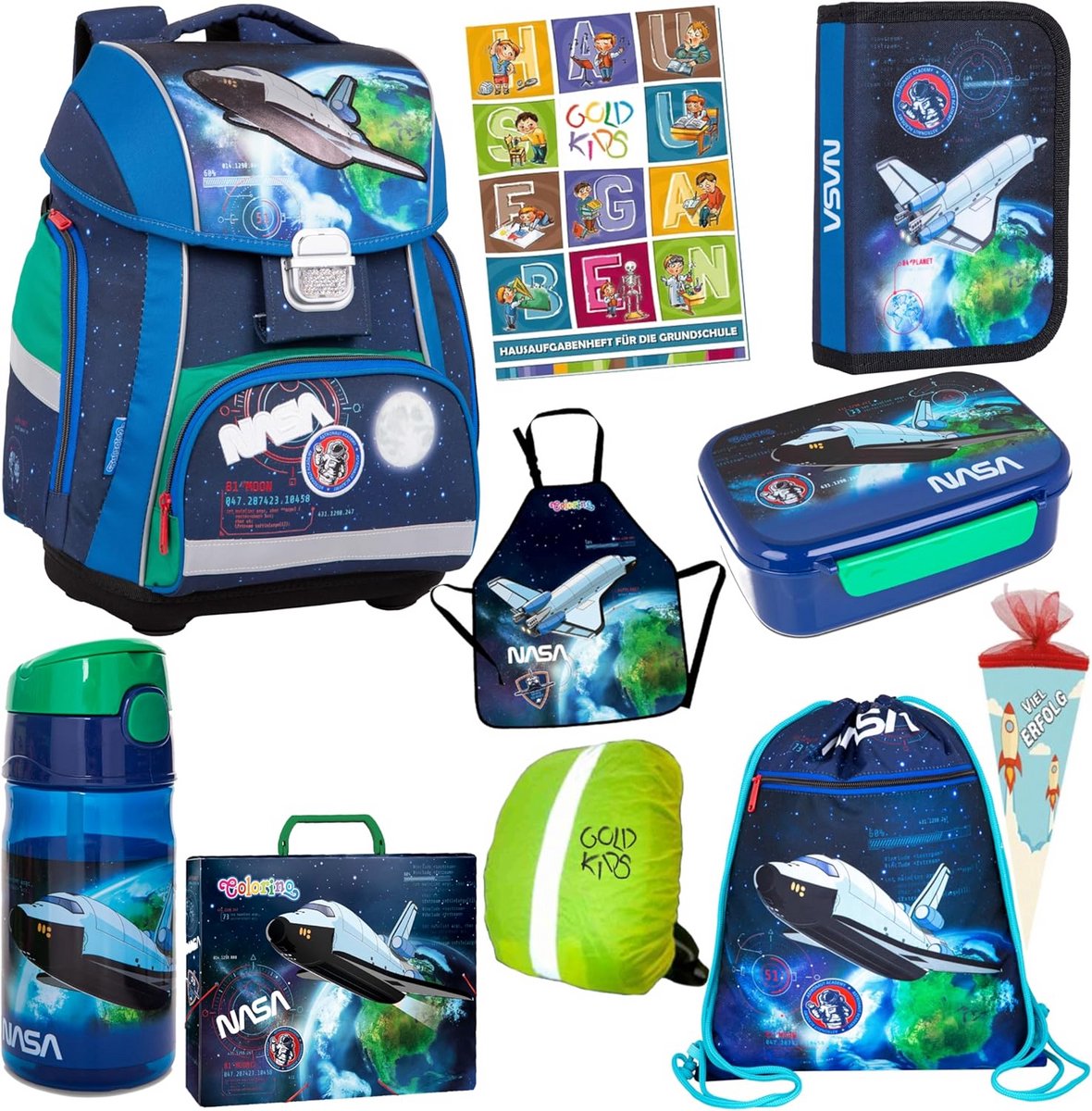 Schooltas Set NASA Thema - 10-delige Set met Rugzak, Etui, Gymtas, Regenhoes, Lunchbox, Drinkfles, Schort, Aktetas, Suikertasje en Taakboek