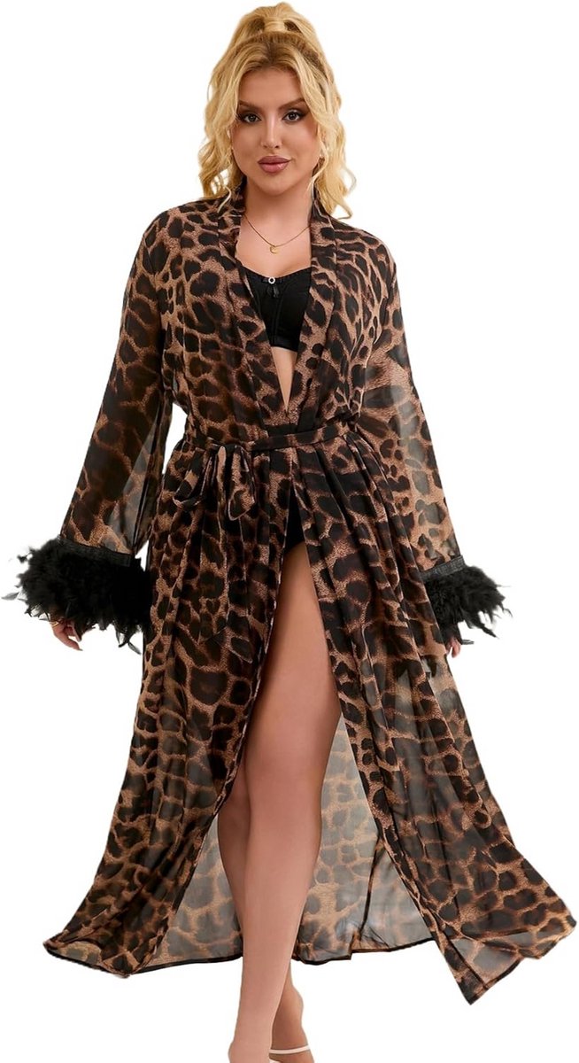 Lange Transparante Kimono Jurk met Luipaardprint en Boa Manchetten voor Dames