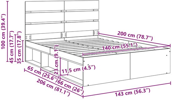 Afmetingen van een houten bedframe met hoofdeinde en opbergvakken, Sonoma eikenkleurig.