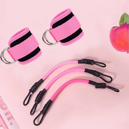 6-delige enkelweerstandsbandenset - Fitness enkelband met 2 haken voor been- en bilspieroefeningen - Roze kleurverloop (3 banden, inclusief een paar normale roze voethoezen met zwarte gespen) - Roze — afbeelding 4