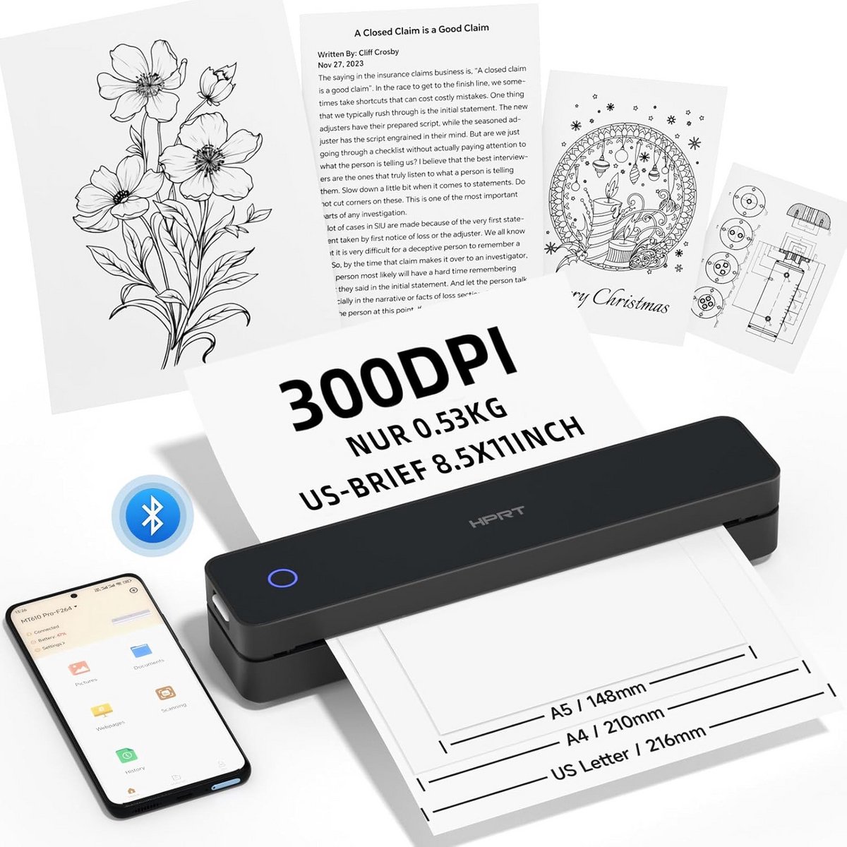 Draagbare Thermische Printer - Draadloos & Inkless - Voor iOS, Android, Laptop - A4 & US Letter Formaat