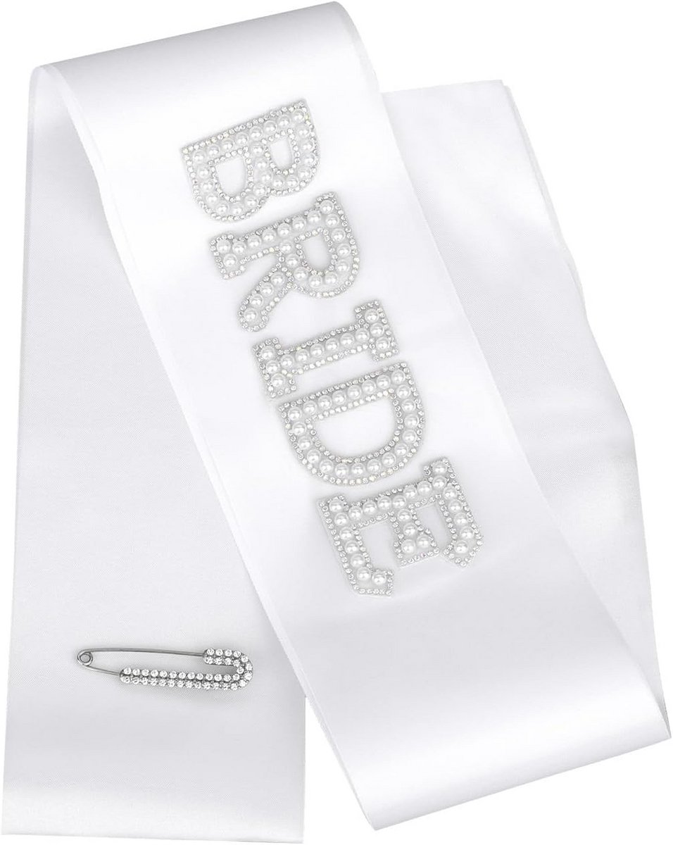 Witte Bruidssjerp met Parels en Diamanten Speld voor Vrijgezellenfeest en Bruiloft