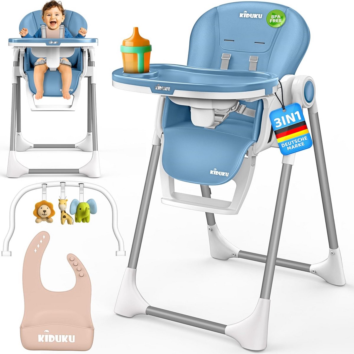 3-in-1 Kinderstoel Baby & Peutertroon | Inclusief Newborn Opzetstuk & Speelboog | Inklapbaar en Verstelbaar 7 Hoogtes | 0-36 Maanden