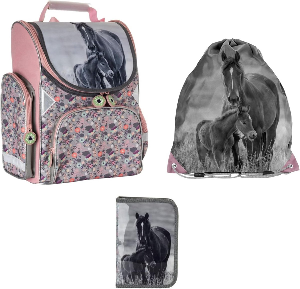Compleet 3-Delige Schooltas Set met Gymtas en Gevulde Etui - Paarden thema Grijs/Roze