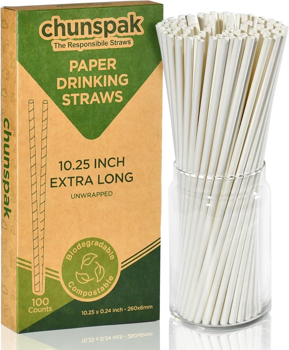 100 Extra Lange Biologisch Afbreekbare Papieren Rietjes 26 cm - Normale Diameter