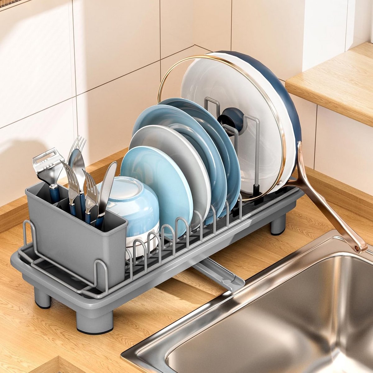 Compact Afdruiprek: RVS Droogrek met Bestekhouder en Draaibare Afvoer