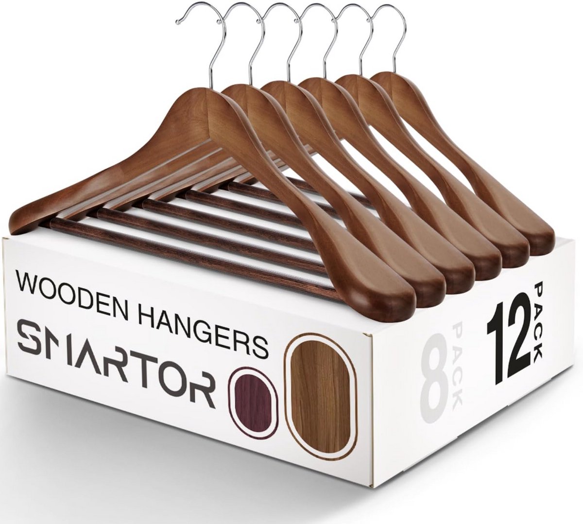 Set van 12 Houten Kledinghangers met Antislip Broekstang en Draaibare Haak