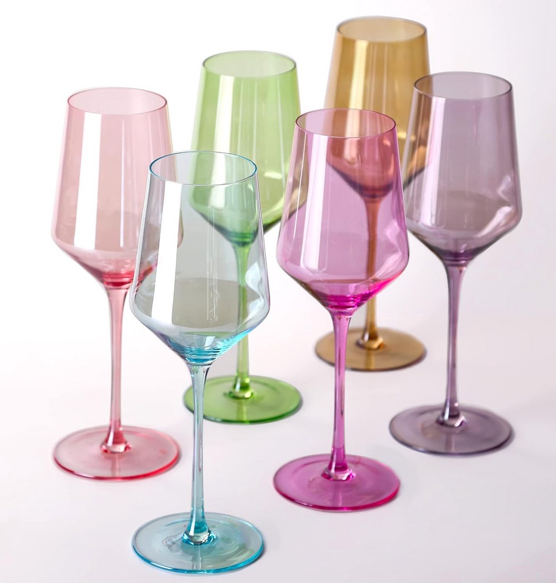 Set van 6 Gekleurde Kristallen Wijnglazen Dunne Rand Lange Steel