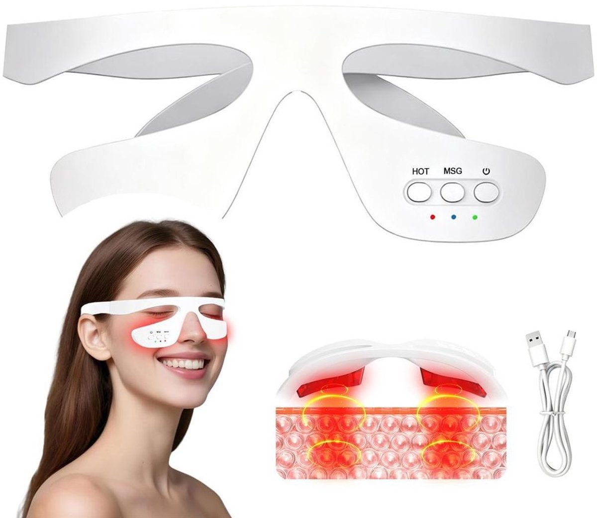 Oogmassageapparaat met rood licht en microstroom, 3D-contour oogverzorgingsapparaat, 3 temperatuurinstellingen (40-48-52 °C), vermindert donkere kringen, wallen, fijne lijntjes en rimpels.