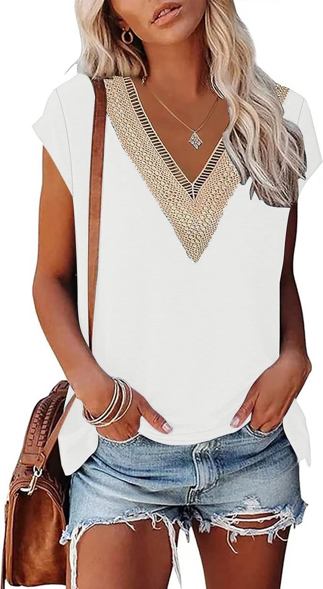 Dames T-shirt met kanten V-hals en korte mouwen, losvallend zomer top