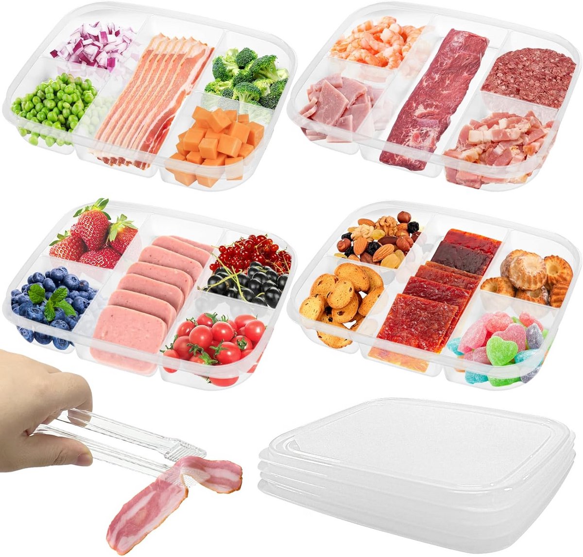 Set van 4 Voedselcontainers met 5 Vakken en Deksel voor Snacks en Maaltijdbereiding