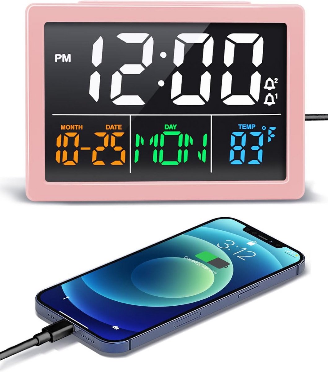 Grote Digitale Wekker met LED Display, USB Oplader & Temperatuur, Pink