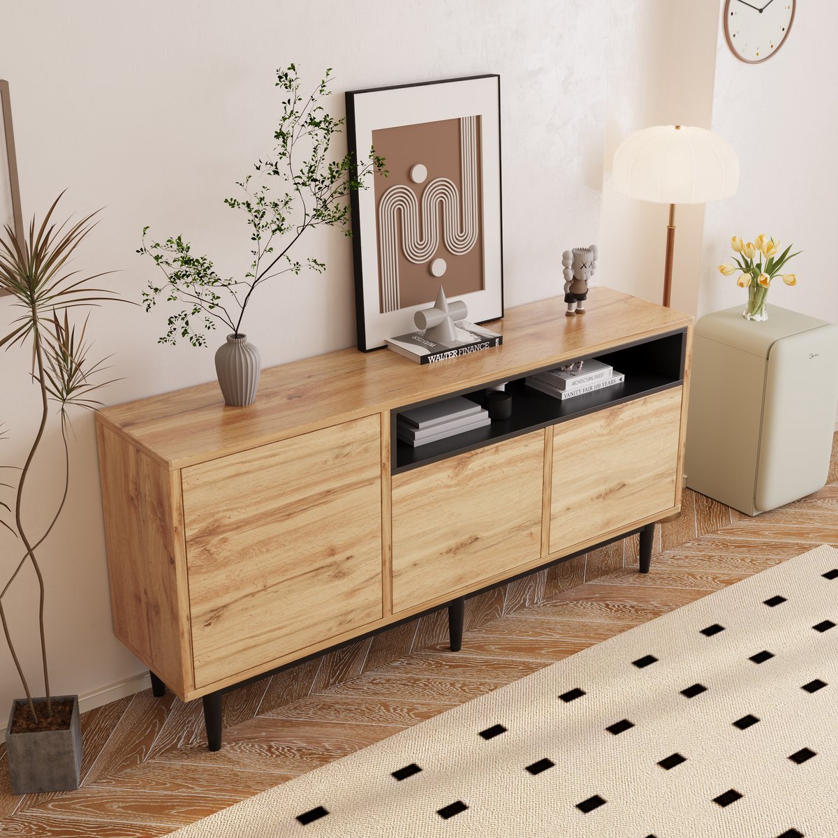 REDOM Sideboard 160x35x76 cm – MDF kast met 3 deuren en verstelbare planken, zwart/naturel, ruimtebesparend, eenvoudige montage Natural Wood