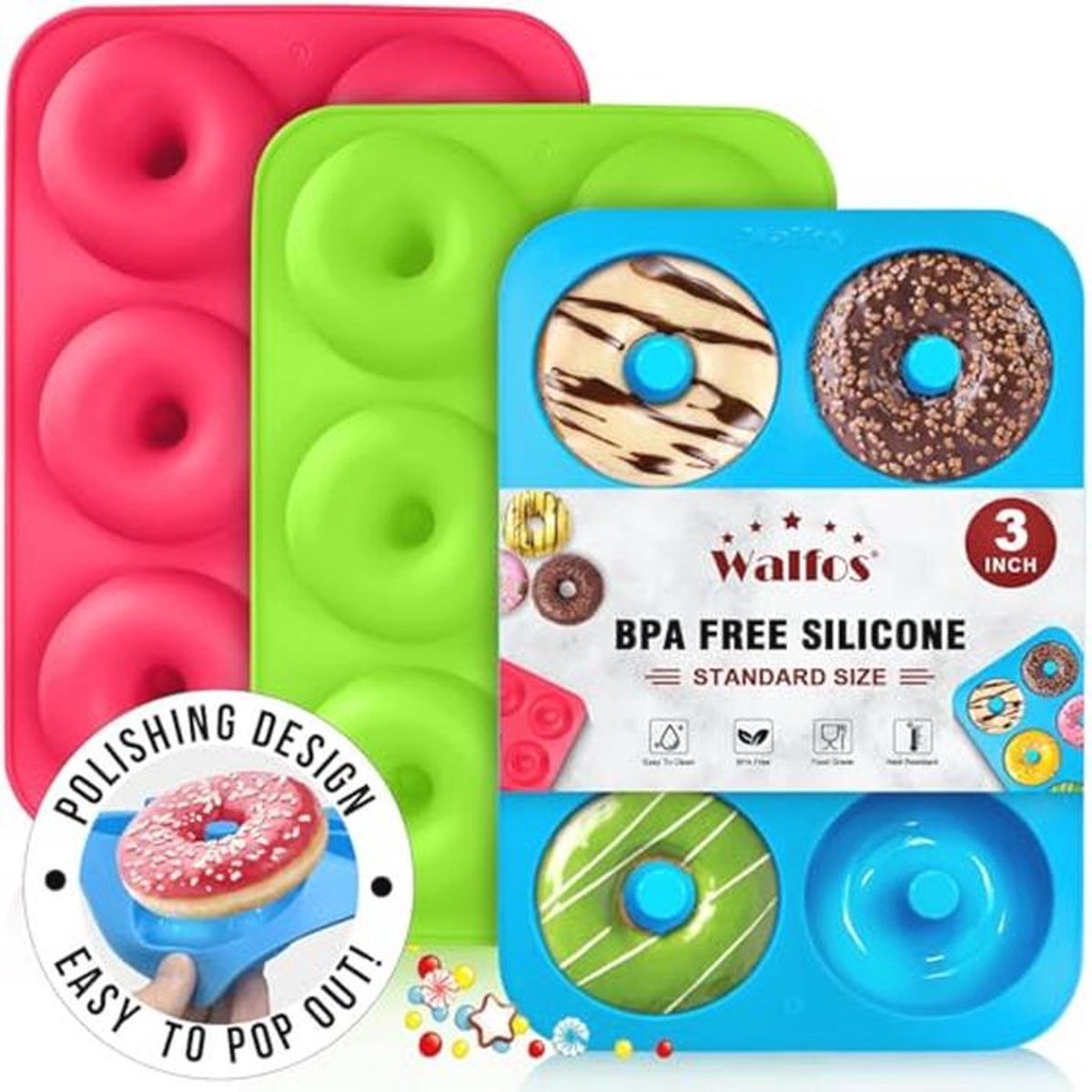 Walfos Siliconen donutvormen, siliconen donut bakvorm, anti-aanbak, donut bakplaat voor cake, bagels muffins, geschikt voor vaatwasser, oven, magnetron (3 stuks 6 cup Regular Donut Pan)
