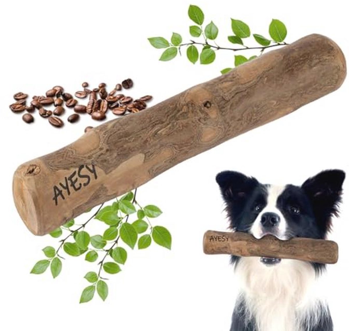 AYESY Kauwstok van koffiehout voor honden, maat L, kauwstok, natuurlijk hondenspeelgoed, cadeaus voor honden tot 16-25 kg, robuust en veilig speelgoed