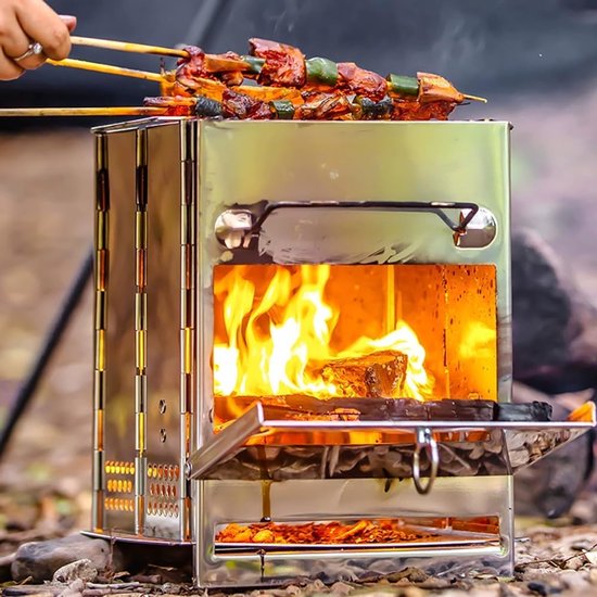 Houten brandende vouw-camping oven, RVS roosters, draagbare vouw-rugzak oven, wandelen, outdoor tent, kamperen, picknick, barbecue, van Merkloos — afbeelding 5