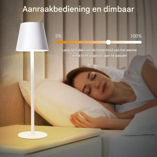 GELLDG Draadloze LED-bureaulamp - Met oplaadbare batterij - Touchbediening - 3 kleurtemperaturen - Traploos dimmen - USB-C oplaadbare touchlamp - Geschikt voor buiten, nachtkastjes, eettafels, kamperen - Wit van GelldG — afbeelding 4