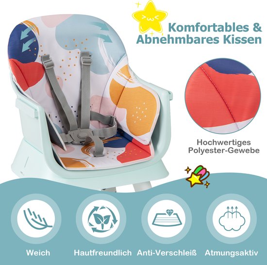 COSTWAY 6-in-1 babystoel, kinderstoel, eetstoel, leertafel, bouwsteentafel, kinderzitgroep, kinderstoel met veiligheidsgordel en afneembaar dienblad, babystoel, combi-kinderstoel (veelkleurig) van Merkloos — afbeelding 2