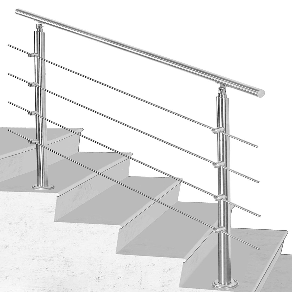 Trapleuning met zilverkleurige roestvrijstalen leuning Kit Eenvoudig te monteren Geschikt voor alle trappen 1,8 meter 4 stangen