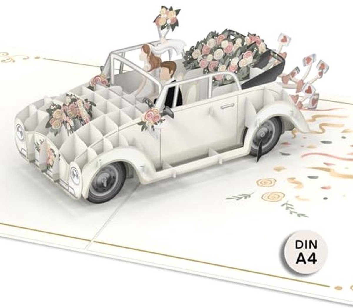 Extra grote 3D bruiloftskaart met auto - Pop-up kaart voor huwelijkscadeaus en bruiloften