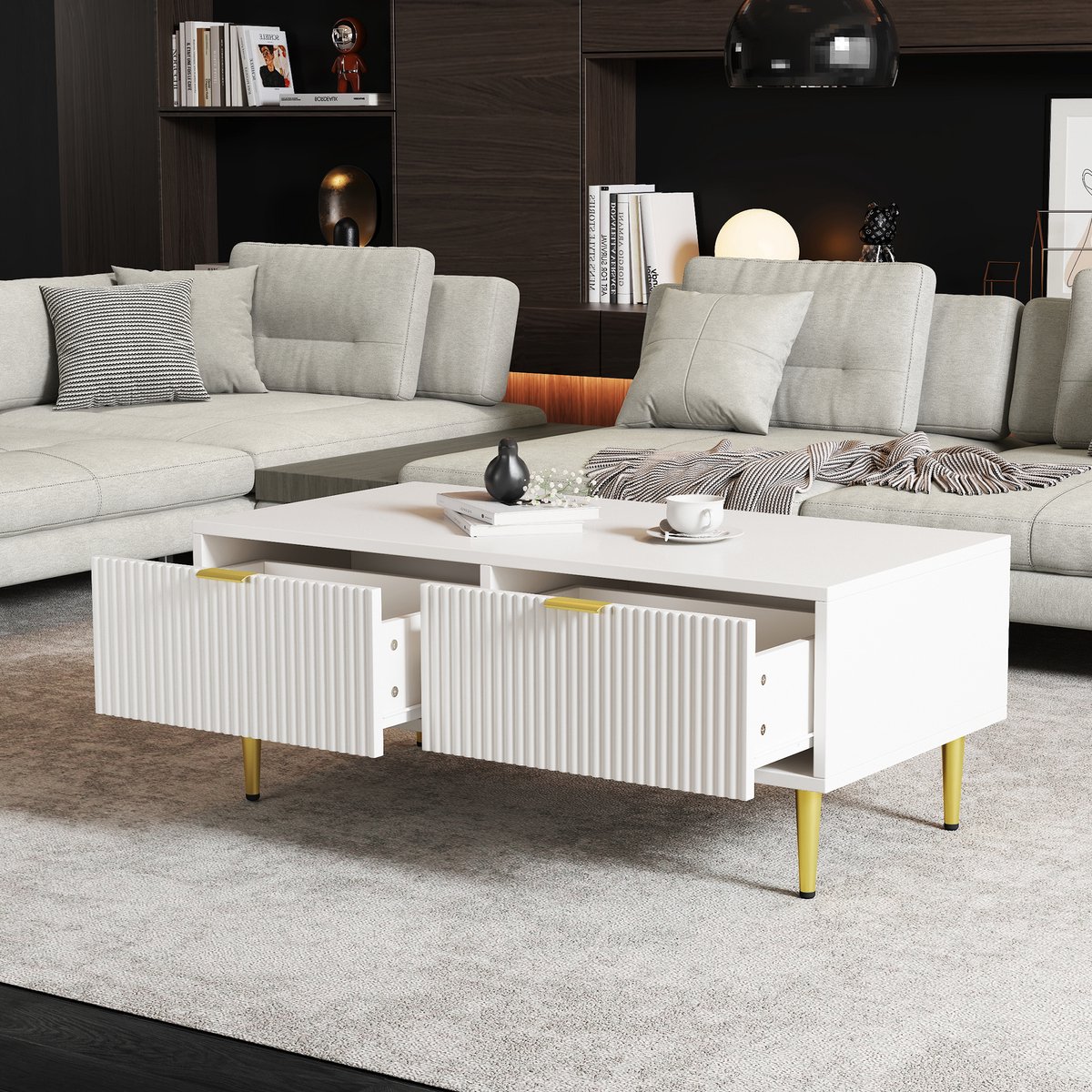 Wishdor Salontafel wit met gouden accenten en metalen poten, 2 lades met verticale strepen, MDF, 100×50×40 cm