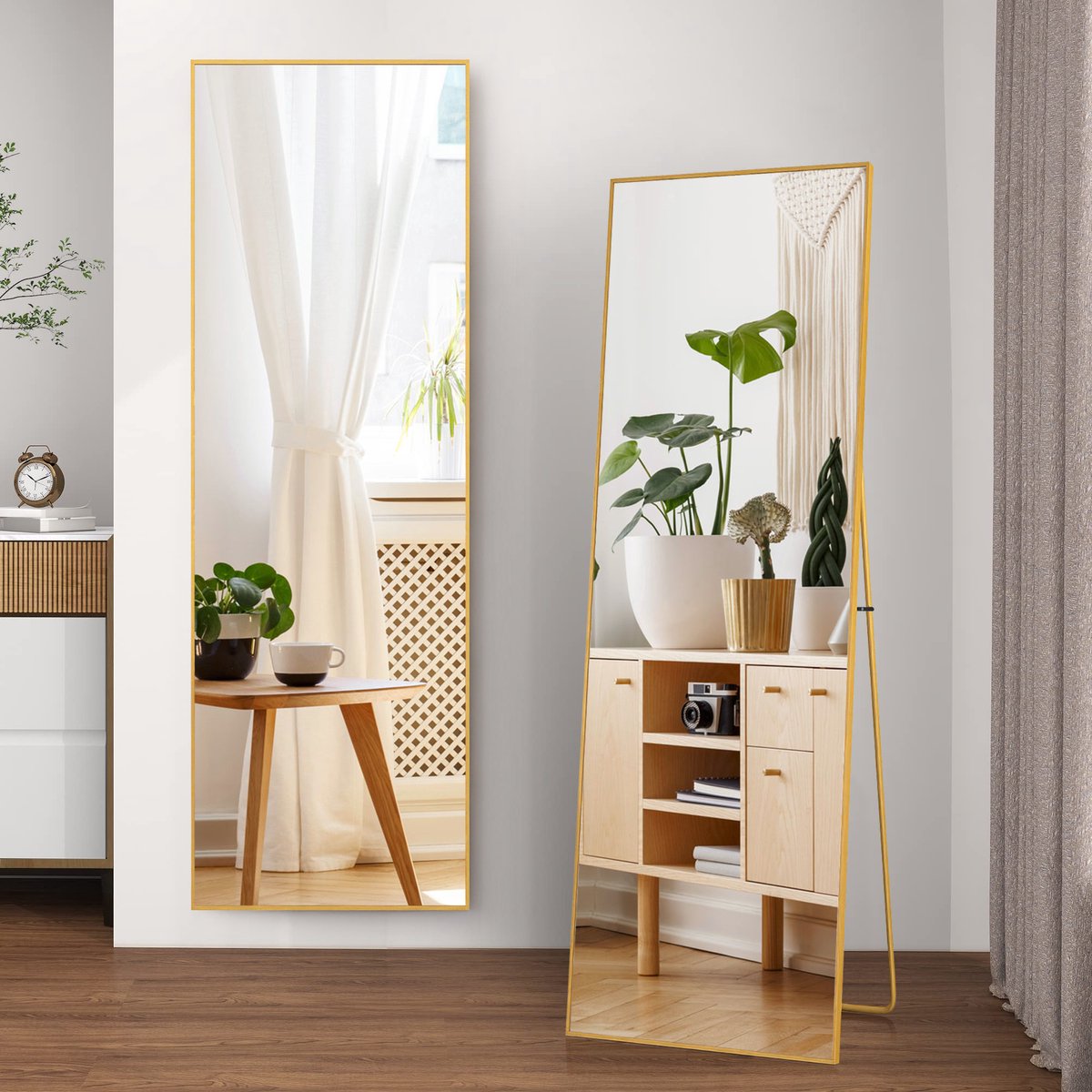 Passpiegel 177x77 cm - Grote wandspiegel met multifunctionele aluminium lijst (hangend/zittend/staand), Passpiegel voor badkamer, slaapkamer, hal of woonkamer, Goud Rechthoek