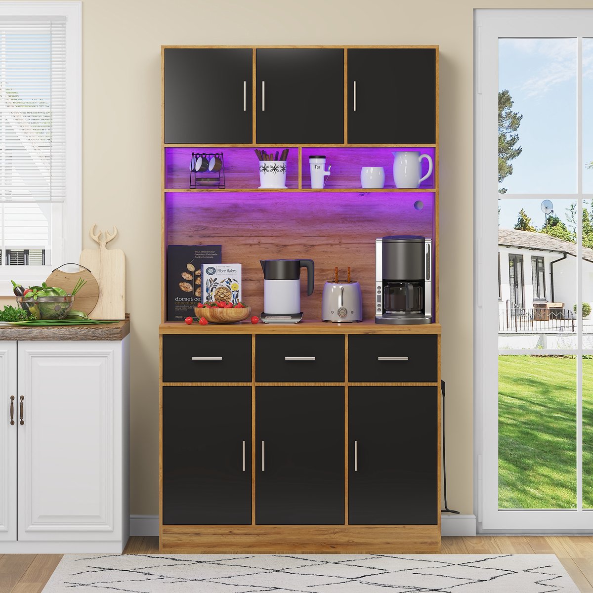 Wishdor Keukenkast - Met Ledverlichting Met App-Bediening - 3 Lades En 6 Deuren - Kabeldoorvoer - Met Stopcontact En 2 Usb-Aansluitingen - Mdf - Naturel Zwart - 100 X 40 X 180 Cm Naturel + Zwart