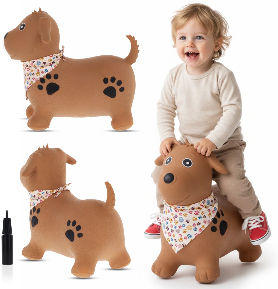 sun baby - Springdier met pomp vanaaf 1 jaar - Hond - bruin met sjaal - max 50kg, duurzaam rubber, gecertificeerd, bpa-vrij, springpaard, springhond