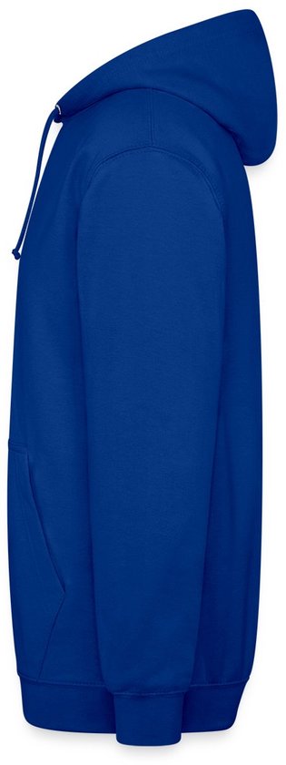 Blauwe hoodie met capuchon en trekkoord, van opzij gezien.