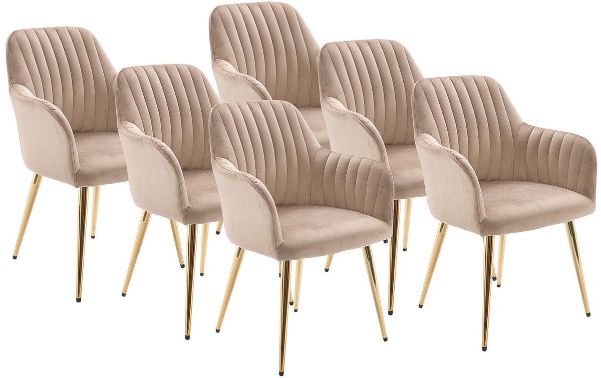 Vente-unique Set van 6 stoelen met armleuningen van fluweel en goudkleurig metaal - Beige - ELEANA