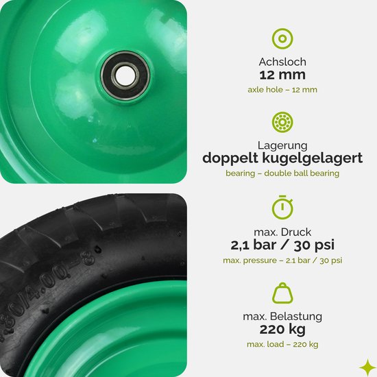 GARRONDA 2-pack zwart-groen - Vervangwiel Kruiwagen 4.80/4.00-8 Kruiwagenwiel Ø 390 mm Luchtband 4PR Band tot 120 kg met As Stalen Velg Kogellager voor Tuinwagen Erf Bouwplaats GD-0163, Zwart-Groen van Garronda — afbeelding 4