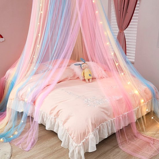 Klamboe - Regenboog hemelbedgordijn - Koepel klamboe bedtent - Met lichtsnoer - 60 x 250 cm - Verduisteringsgordijn - Meisjes klamboe bedhemel - Extra groot - Hangt aan het plafond - Regenboogkleuren — afbeelding 4