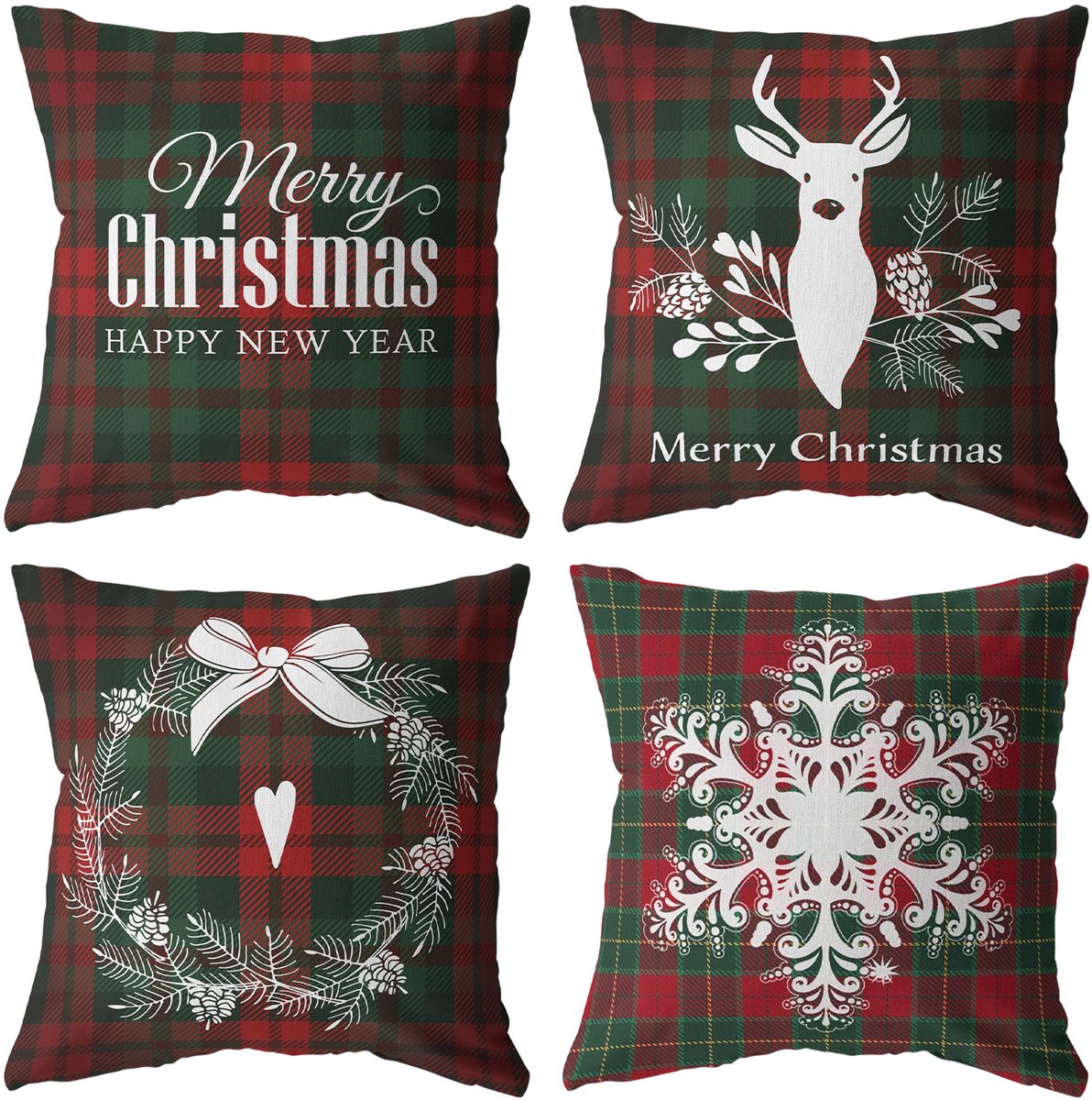Kerstkussenhoezen Set-4stuks-45x45cm-Dubbelzijdig Kortpolig Velours-Linnen Ruitpatroon-Winterdecoratie Voor Woonkamer Slaapkamer Bank Kantoor